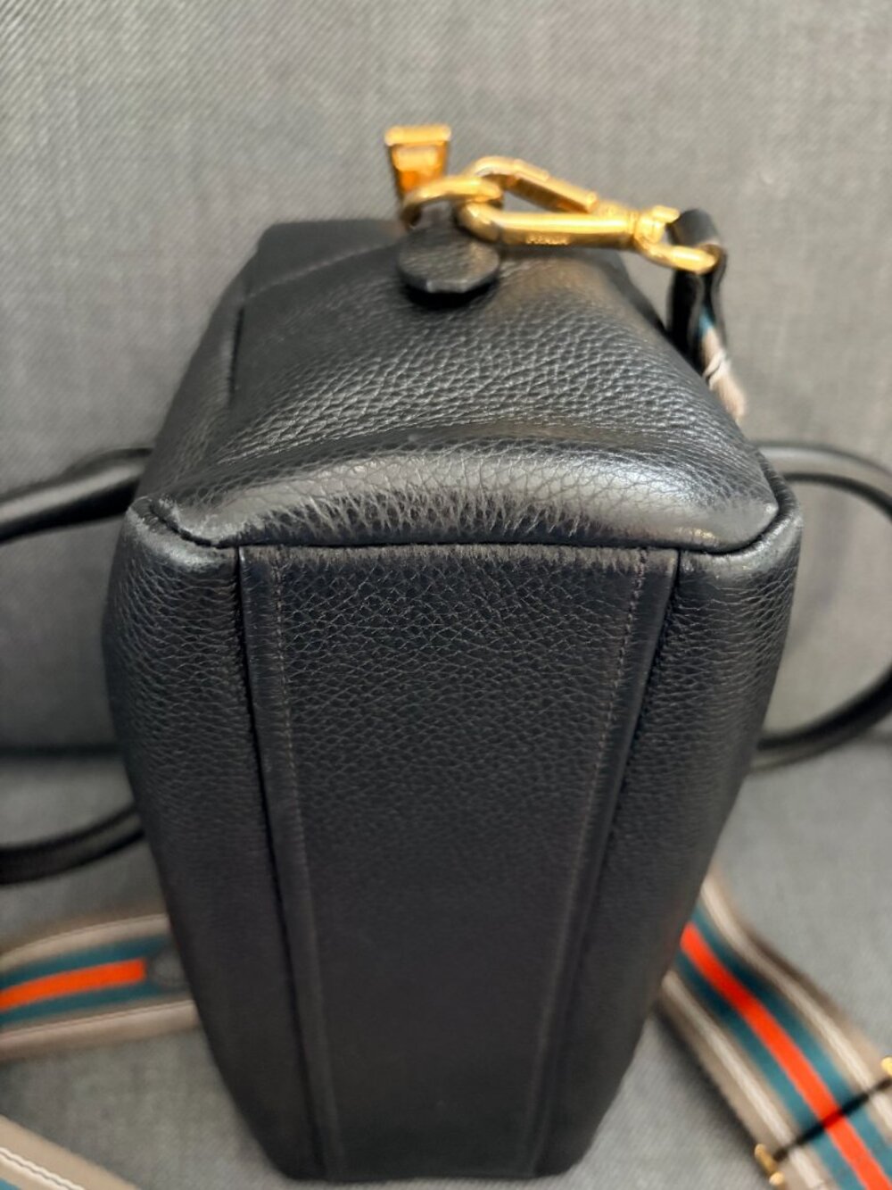 Prada Bauletto Vitello Phenix Black Leather Bag 1BB108 Dust Bag Auth Card Strap - Picture 9 of 16